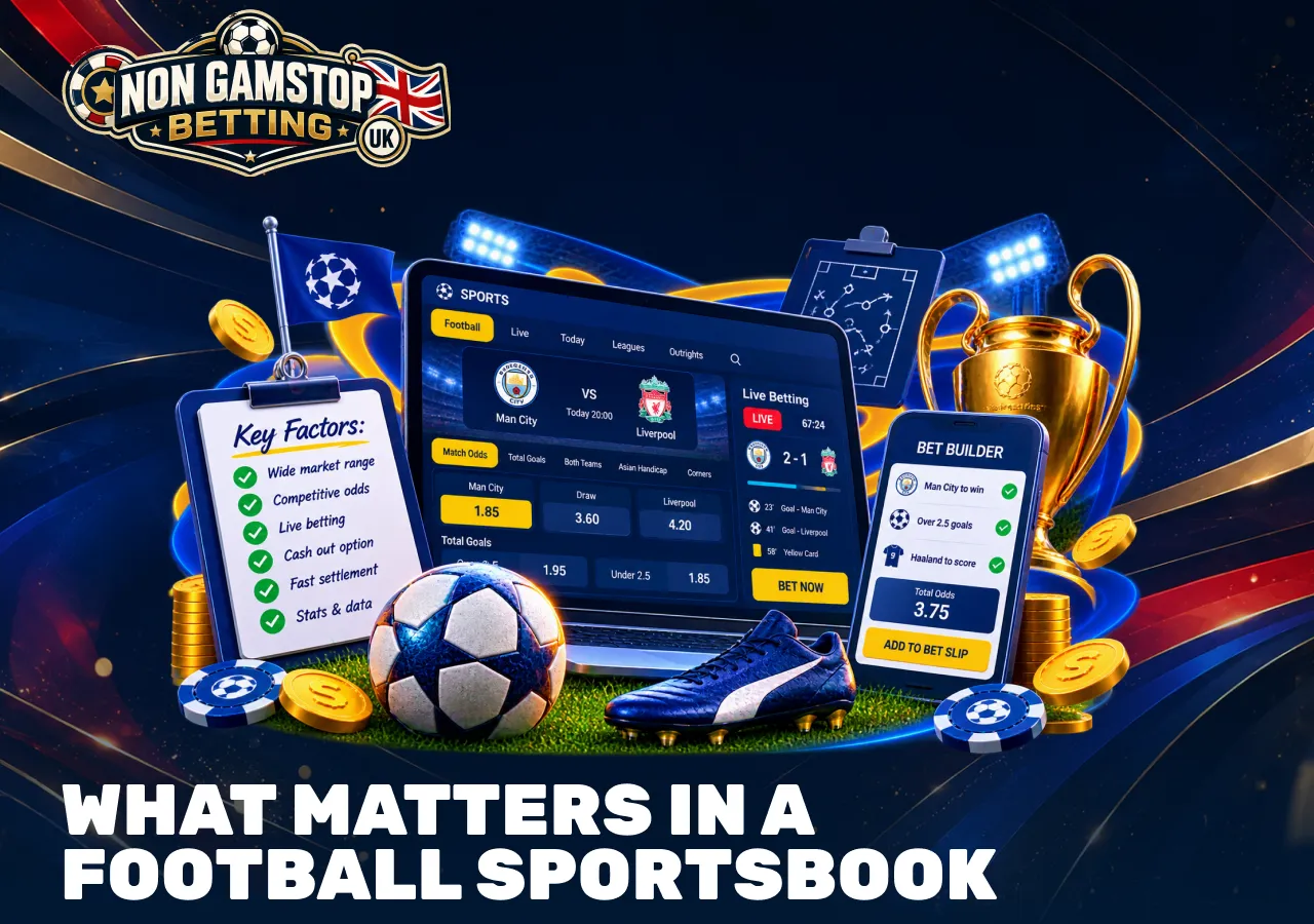 Football sportsbook features with match odds, live betting, bet builder, market range and football betting options.
