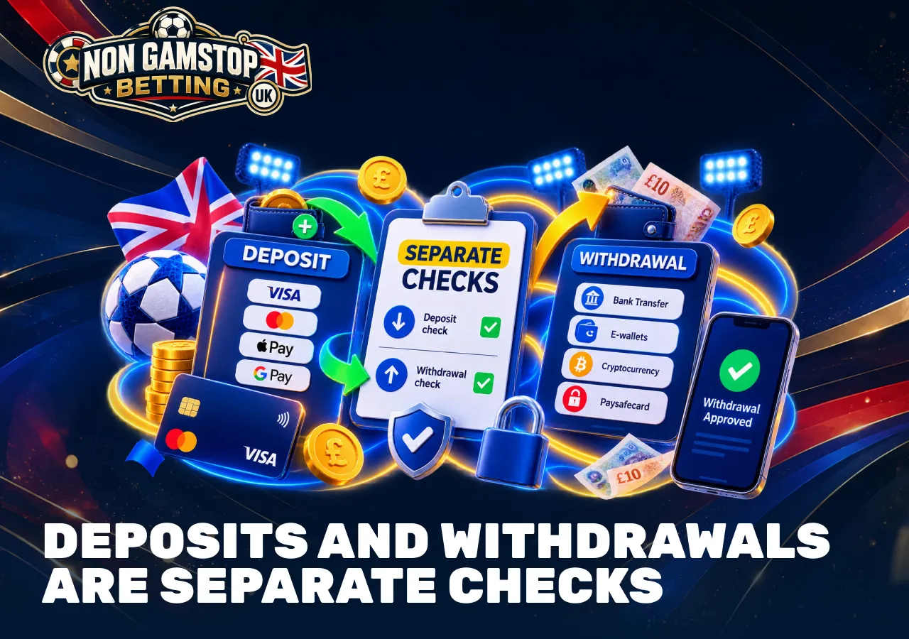 Betting site deposits and withdrawals shown as separate checks with cards, e-wallets, bank transfers and crypto.