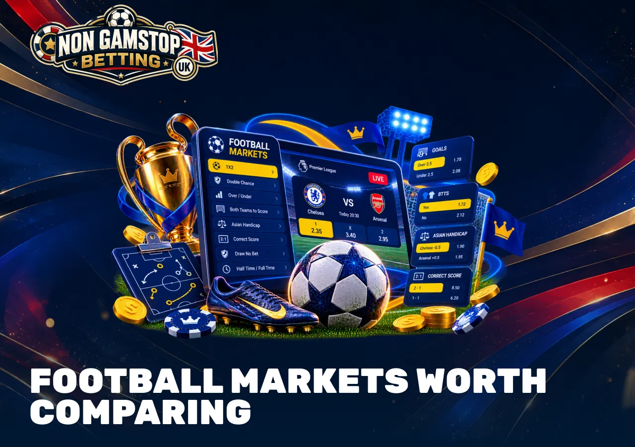 Football betting markets including match result, total goals, both teams to score, Asian handicap and correct score.