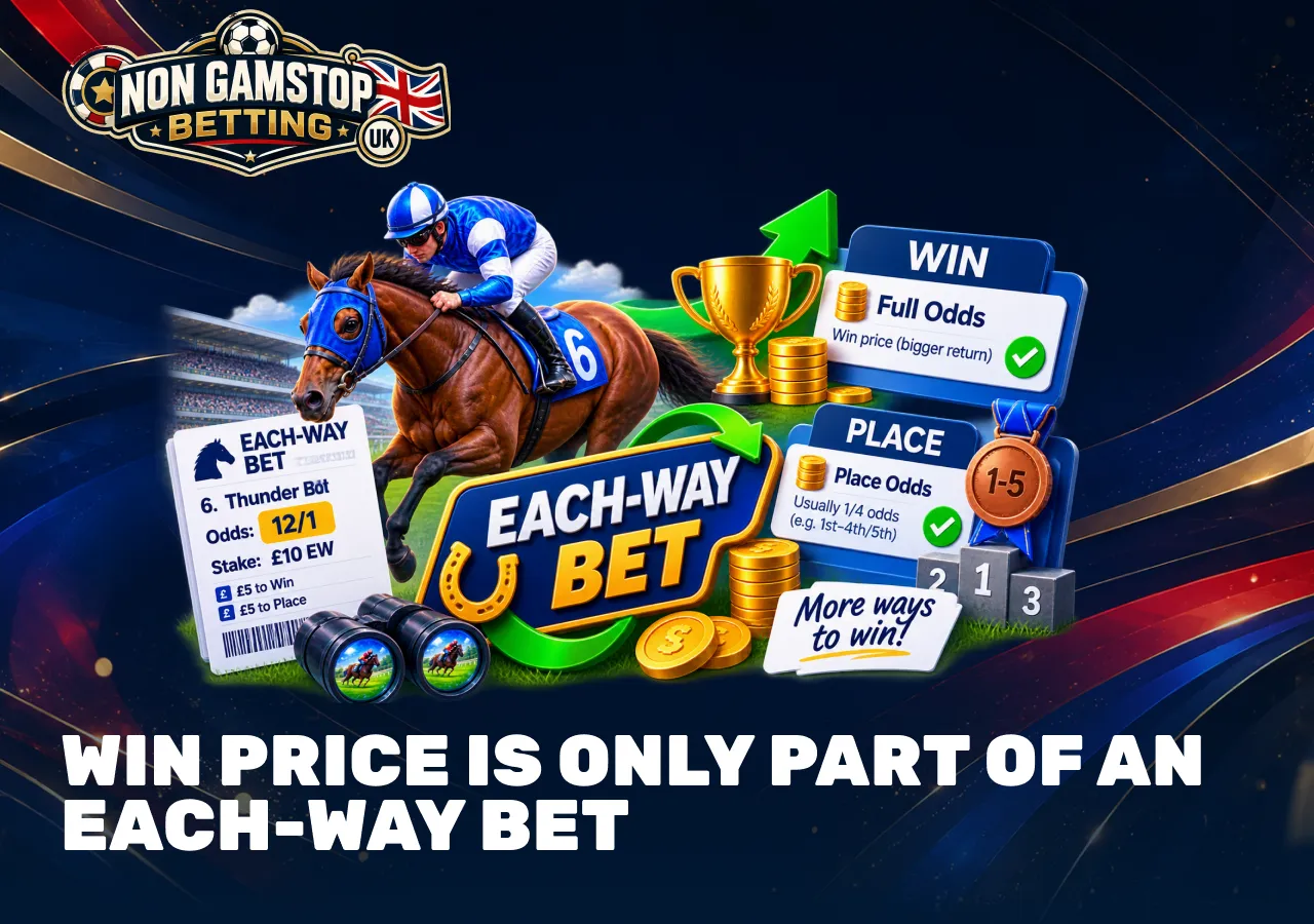 Each-way horse racing bet showing win and place odds, stake options and potential returns.