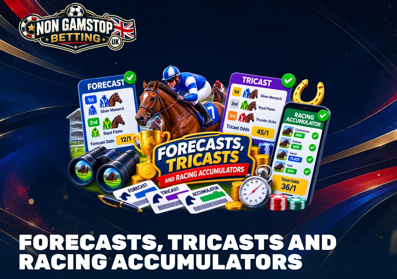 Horse racing forecasts, tricasts and accumulators with selections, betting odds and multiple race combinations.