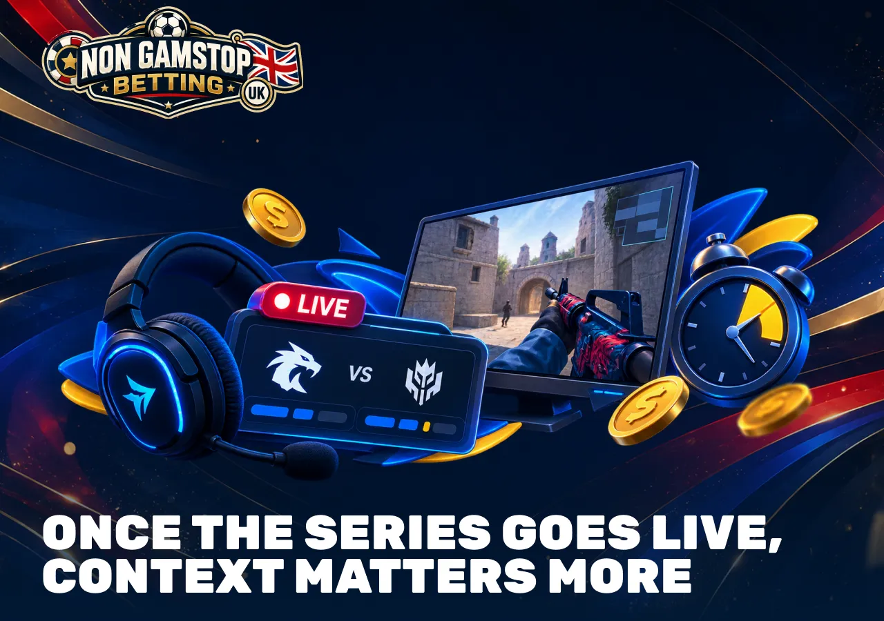 Live esports betting during a CS2 series with match progress, timing and changing in-play context.