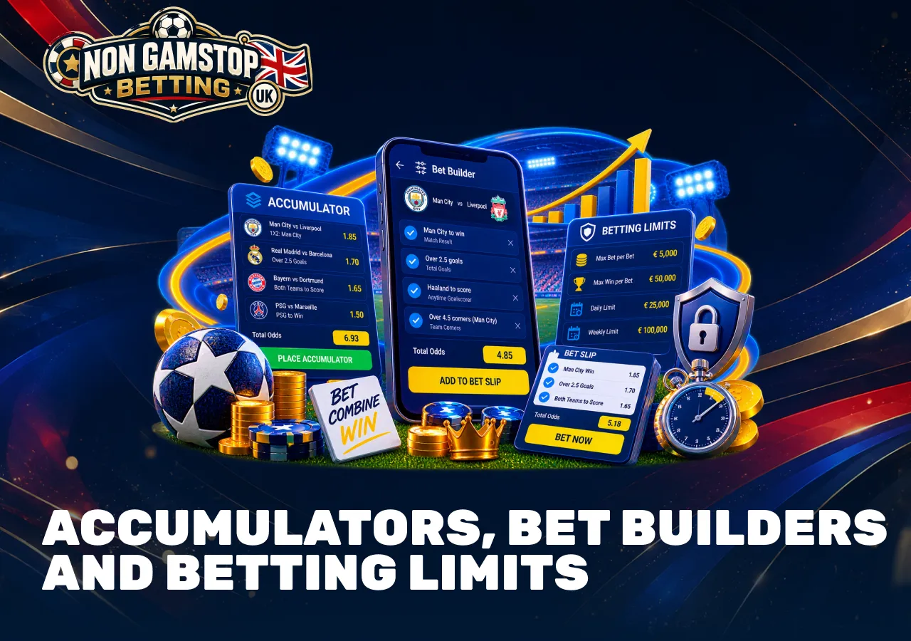 Football accumulators, bet builders and betting limits with combined selections, total odds and sportsbook restrictions.